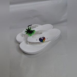 Crocs Women Size 7 White Flip Flops with Heart and Leaf Accents